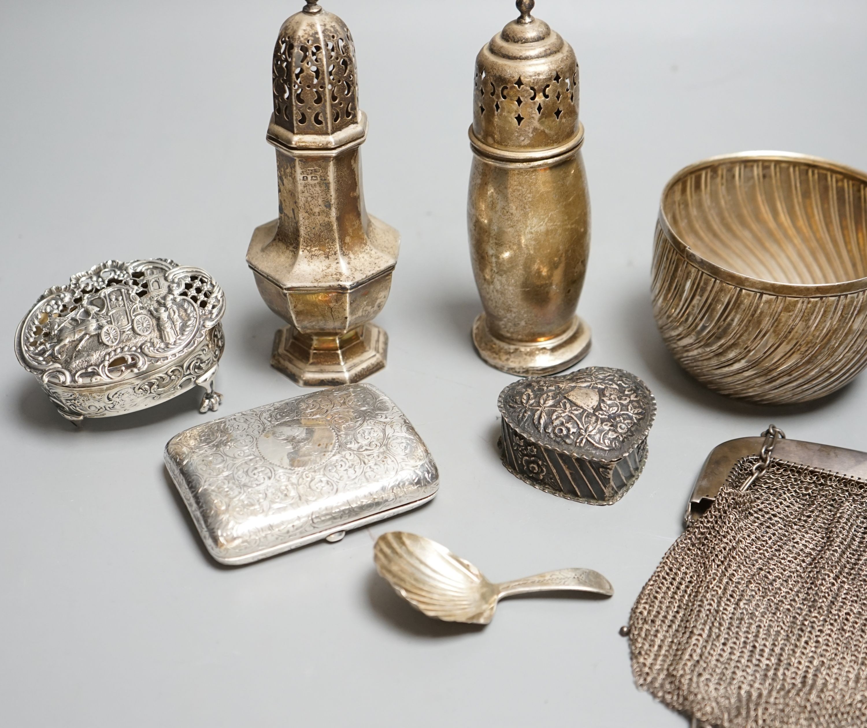 Small silver including a Victorian sugar bowl(split), two sugar casters, a pot pourri box(a.f.), cigarette case, caddy spoon etc.
